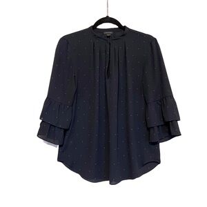 Ann Taylor Navy blue blouse with tiny vanilla polka dots, 3/4 sleeves S